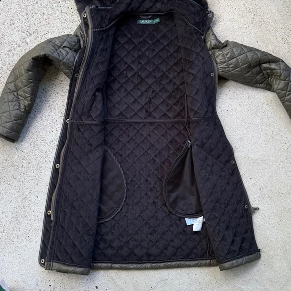 Lauren Ralph Lauren Olive/Black Diamond Quilted Coat with Hood Size Small - Picture 5 of 14